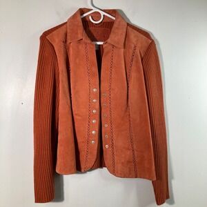 Womens Vintage AMI Suede Leather Sweater Jacket Orange L